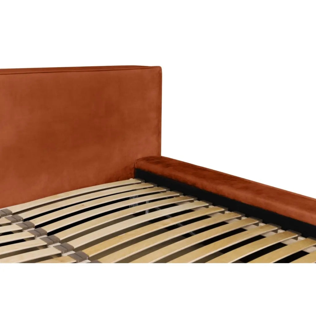 Letto contenitore VELORA – Terracotta – 160x200 cm – Tessuto velluto morbido – Rete sollevabile – Spazio di stoccaggio integrato