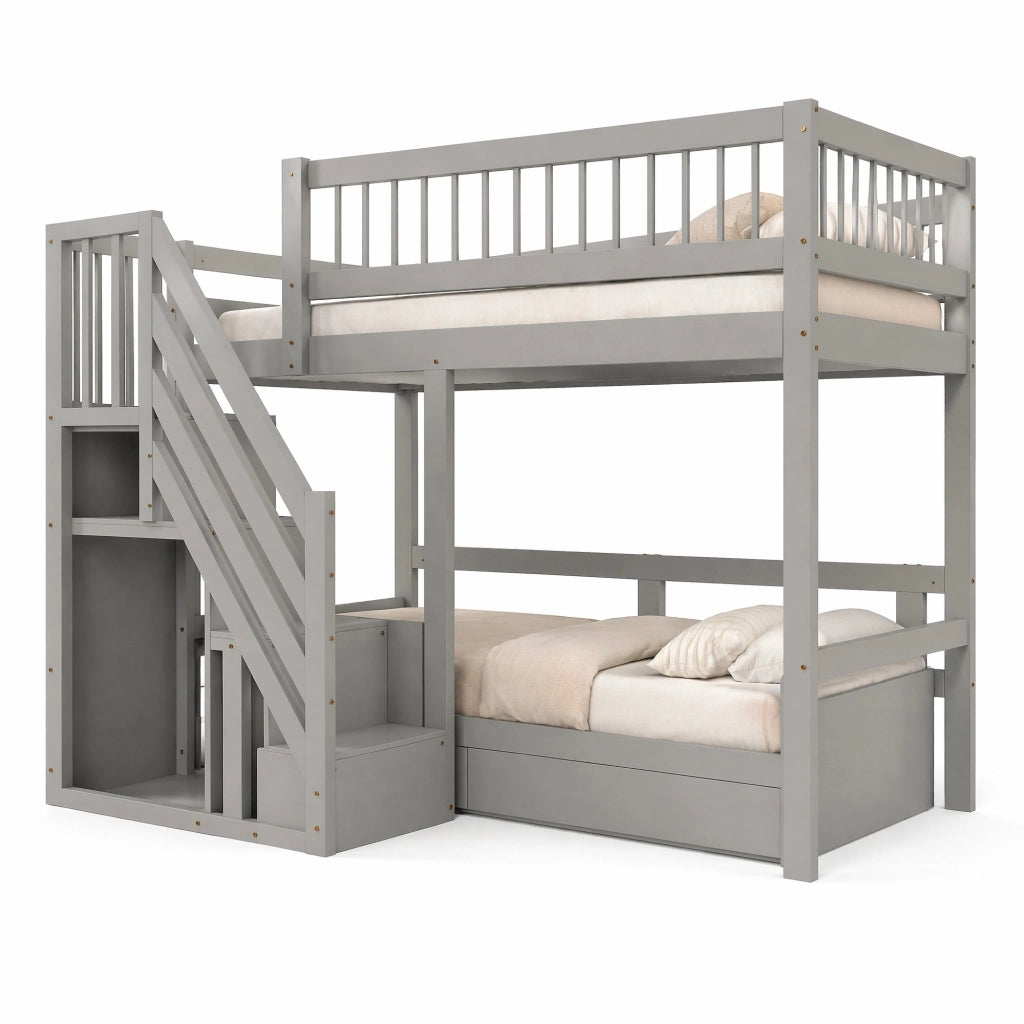 Letto singolo per bambini 90x200 cm in legno con scala contenitore; grigio