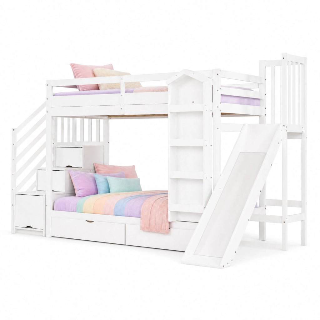 Letto a castello 90x200 cm con scivolo; scala contenitore e libreria; bianco