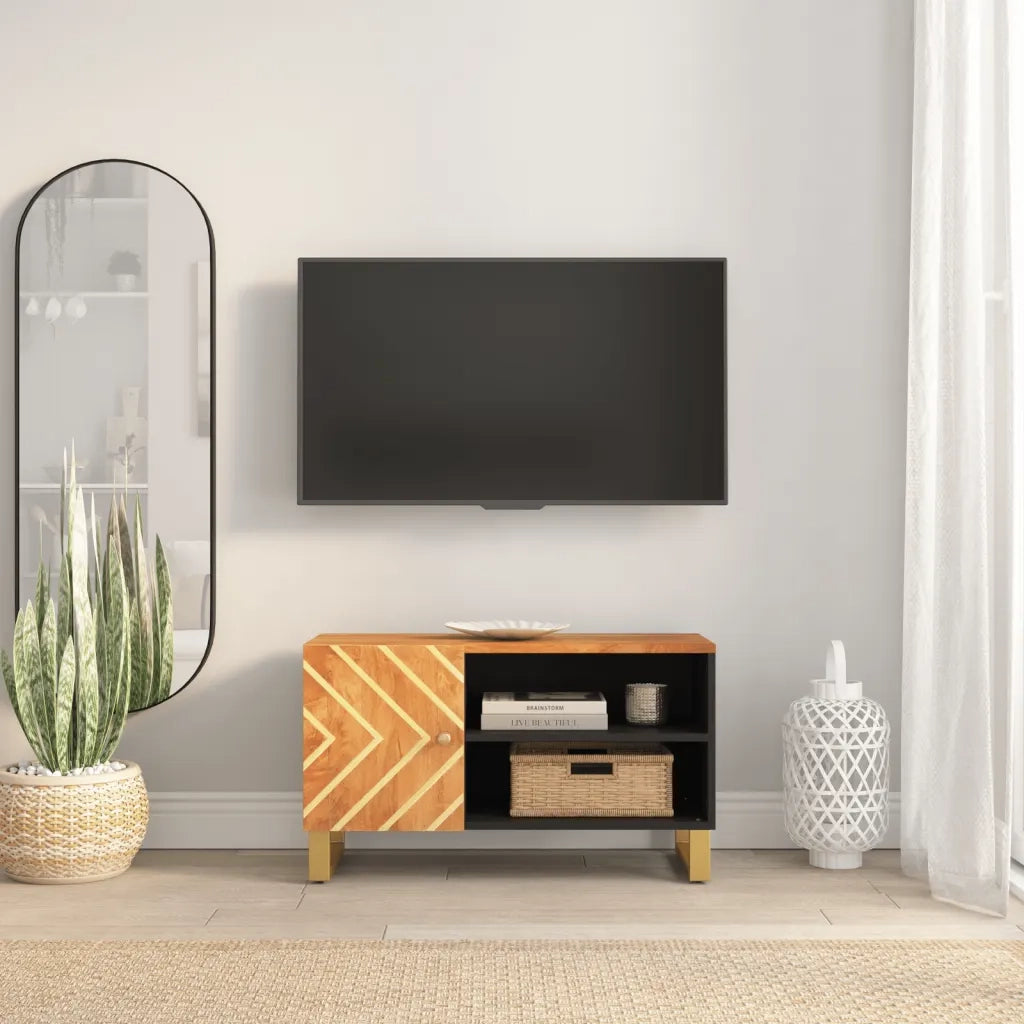 Mobile Porta TV-Mobile per TV-Credenza TV Marrone e Nero 80x31,5x46 cm in Legno di Mango