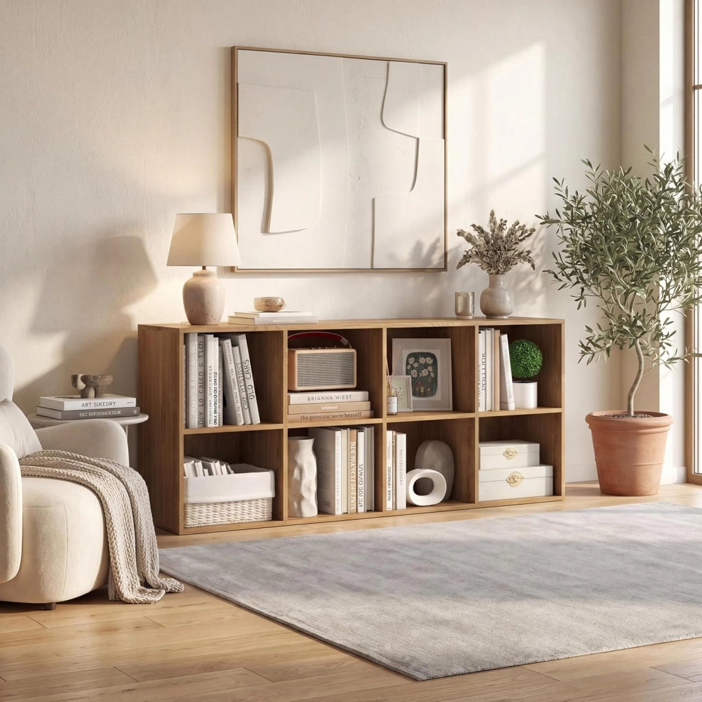 Libreria Basso a 8 Scomparti Aperti, 121,5 X 29 X 61 CM, Scaffale Libreria in legno con Dispositivi Antiribaltamento, Carico 180 KG, Espositore Salvaspazio per Soggiorno, Ufficio