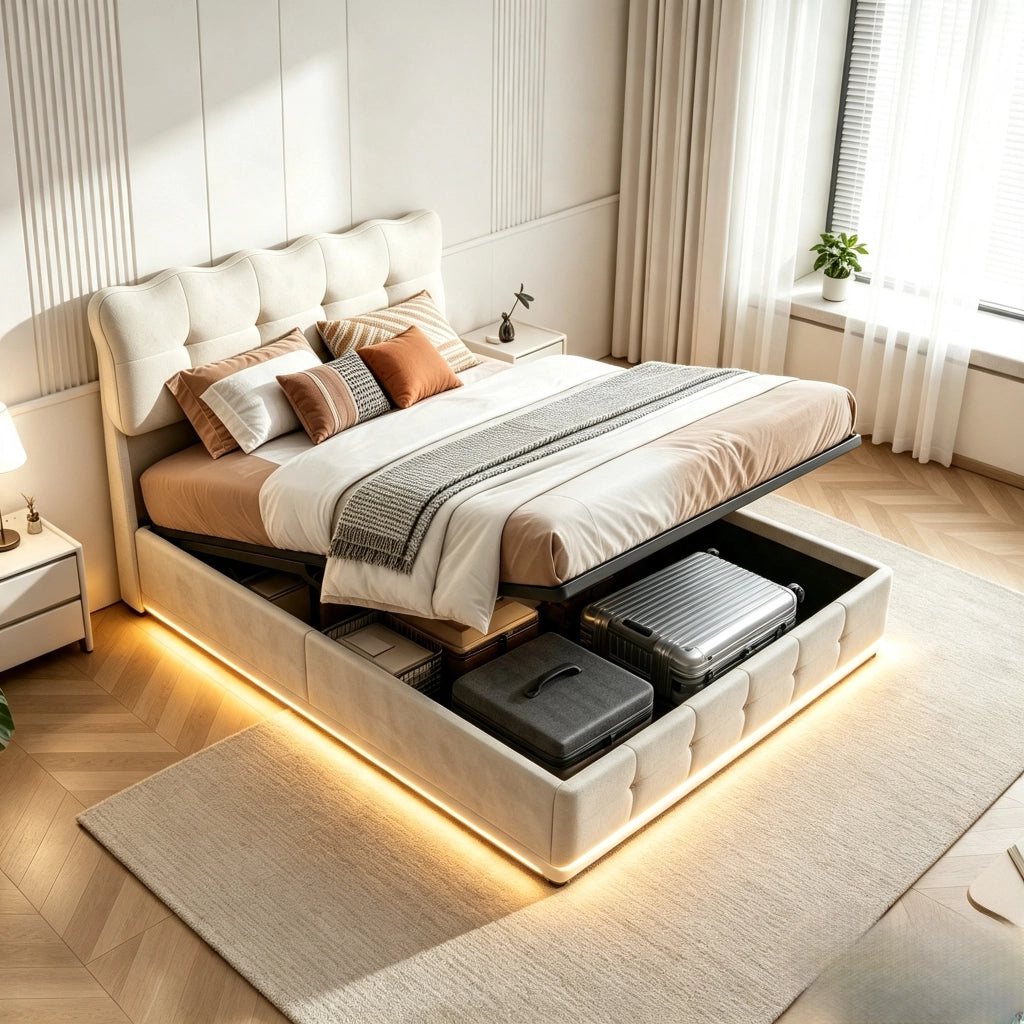 Letto matrimoniale 140x200 cm con contenitore,testiera regolabile e illuminazione LED struttura letto matrimoniale in metallo legno e velluto - beige