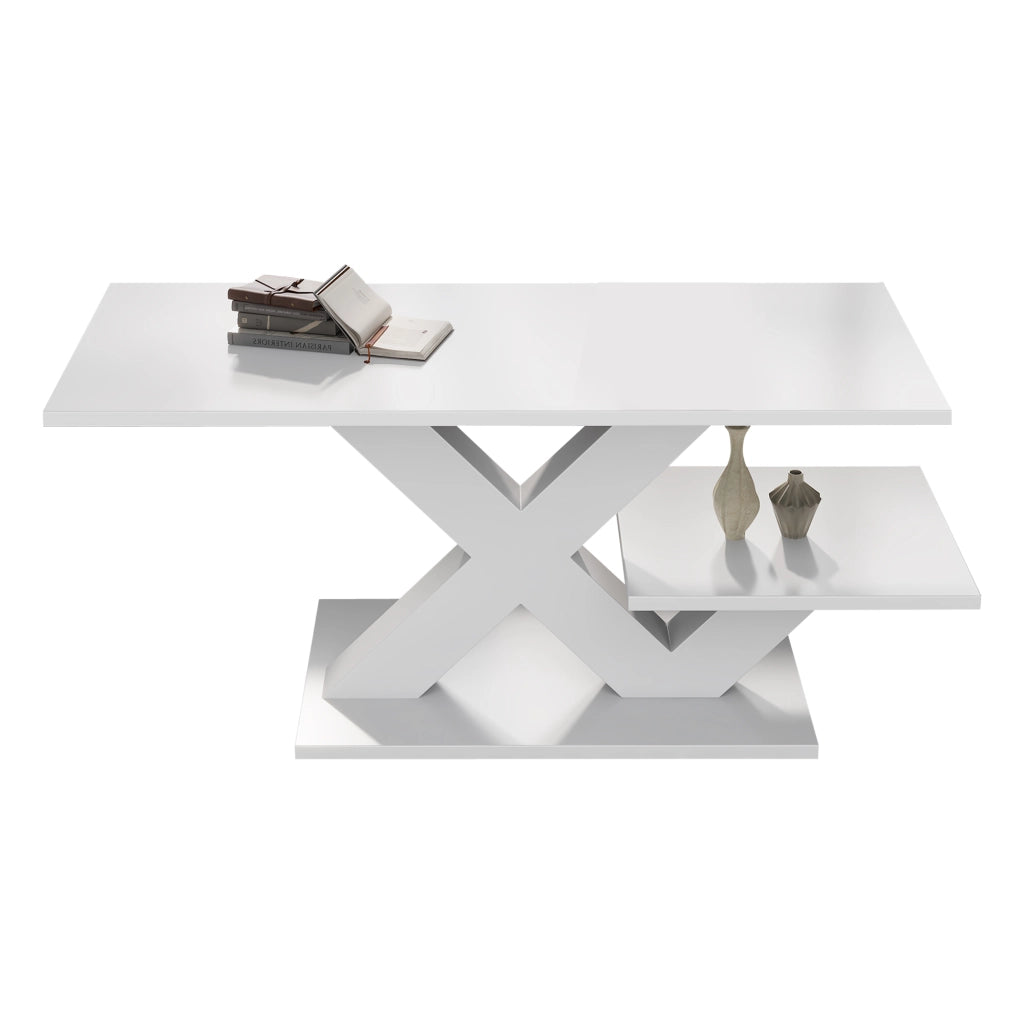 Tavolino da caffè con doppio piano e gambe geometriche - per soggiorno - 100×48×45 cm - bianco