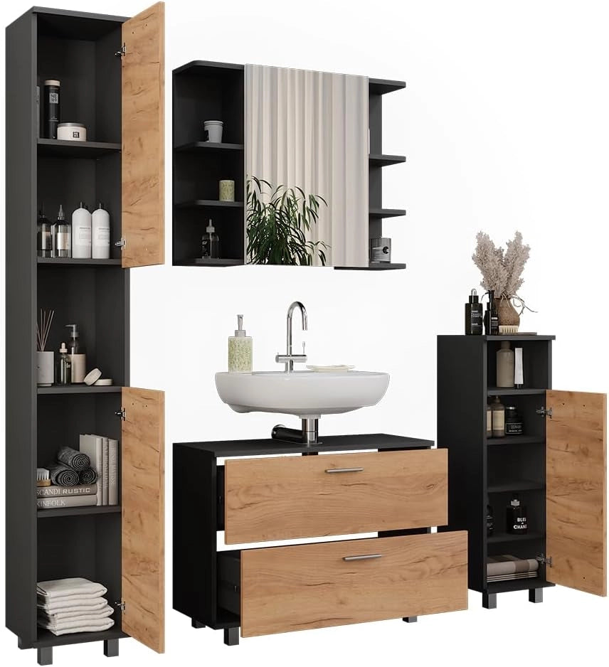 Set di mobili da bagno Ilias, Quercia dorata/antracite, 80.2 cm, composto da mobile lavabo, pensile a specchio, colonna e base media