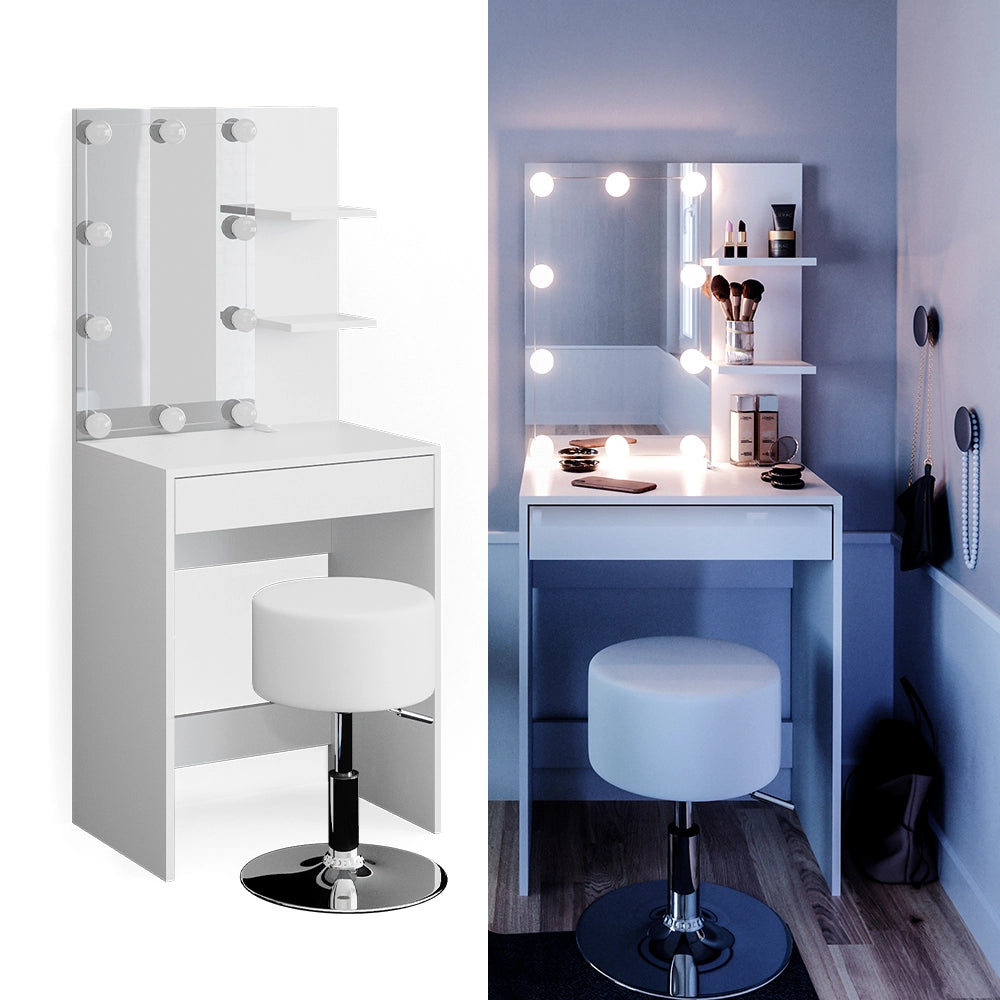 Vicco Tavolo da toeletta Bianco 60 cm con illuminazione LED e sgabello