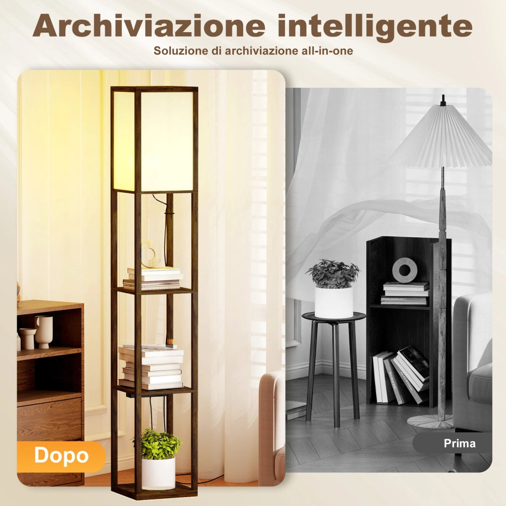 Lampada da Terra 26x26x160 cm Struttura con Ripiani Luce Regolabile Interruttore a Pedale e Porte USB in MDF Marrone