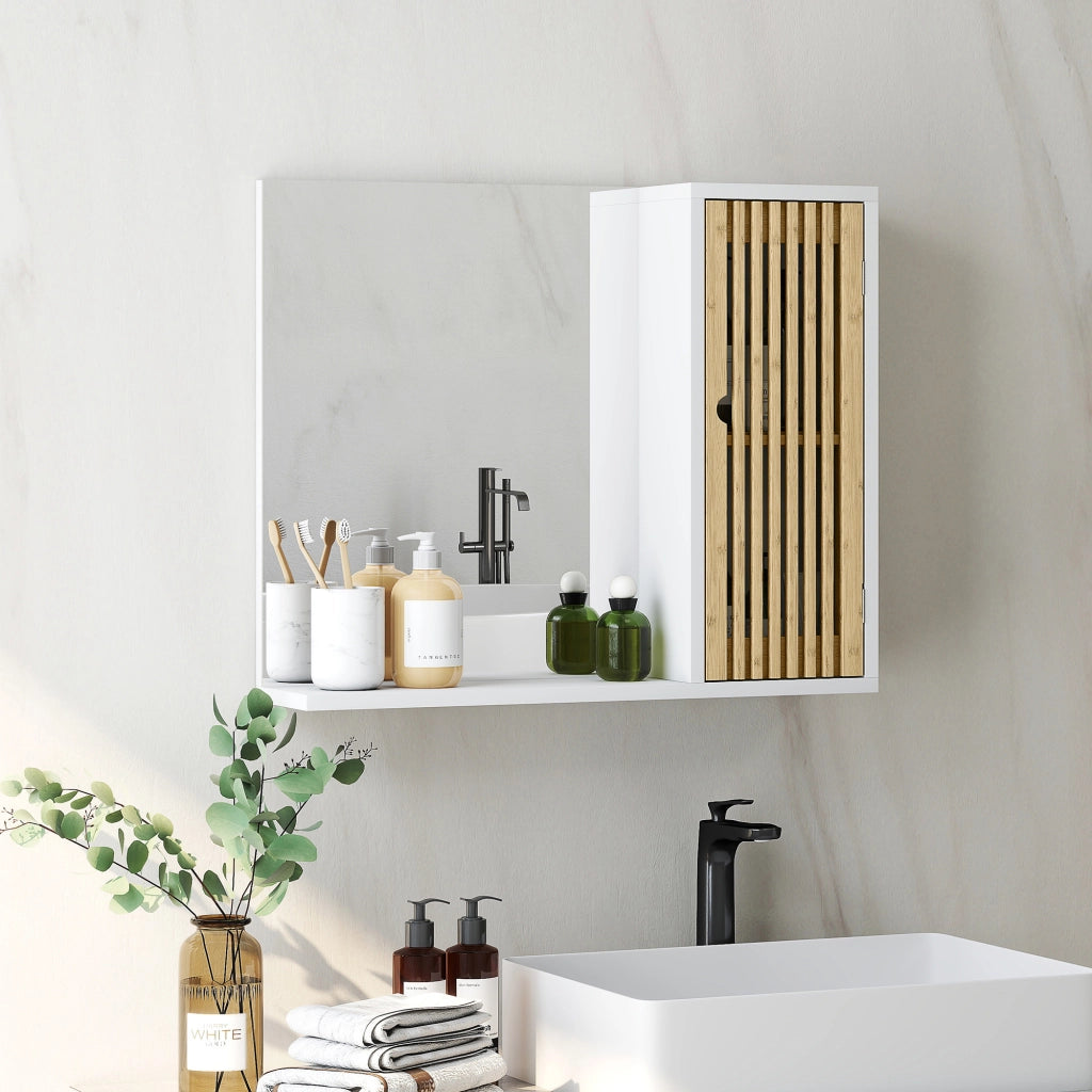 Specchio da Bagno con Ante e Ripiani ¨C zephmum ¨C 60x50 cm Bamb¨´ Bianco e Naturale