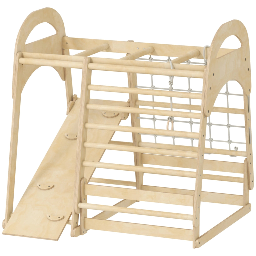 Casetta da gioco con scivolo, parete arrampicata e rete ¨C Minimal ¨C Legno naturale 90x90x140