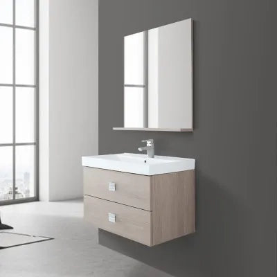 Mobile bagno sospeso 75x51 cm rovere chiaro con due cassetti completo di lavabo specchio e mensola Bravo