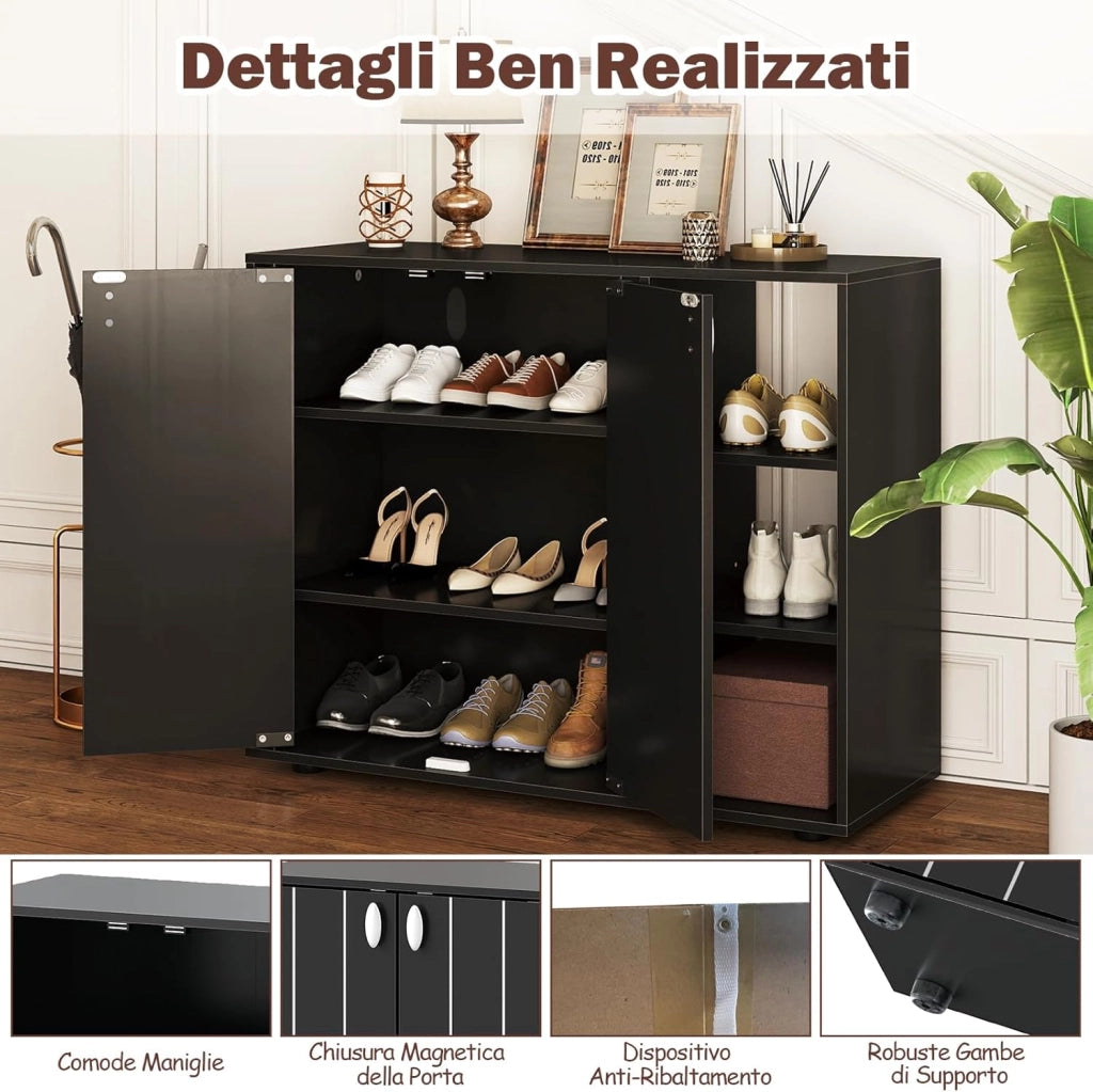 Mobiletto per Scarpe con Ante, Scaffale Porta Scarpe a 3 Ripiani con Mensole Regolabili, Organizzatore in Legno per Ingresso, Corridoio e Soggiorno, 80x31x64,5 cm (Nero)