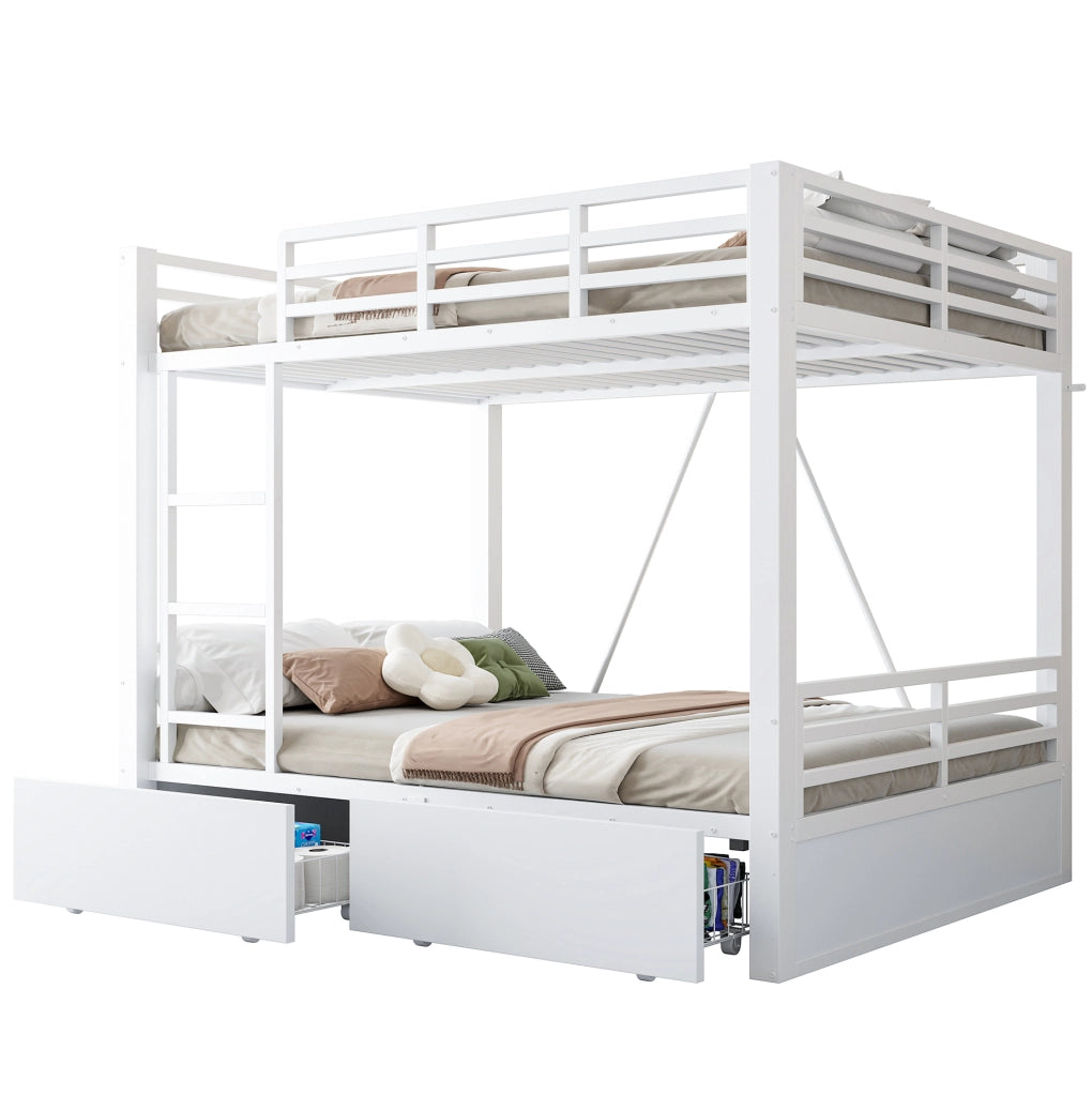 Letto a castello 140x200 cm in metallo; con cassetti; scala integrata; bianco