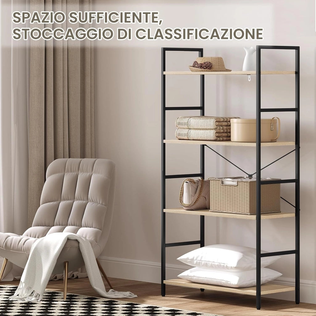 Libreria a 4 Livelli, Scaffale in Piedi con Struttura in Metallo, per Soggiorno, Camera da Letto, Cucina, Ufficio, Studio, Rovere Chiaro + Nero