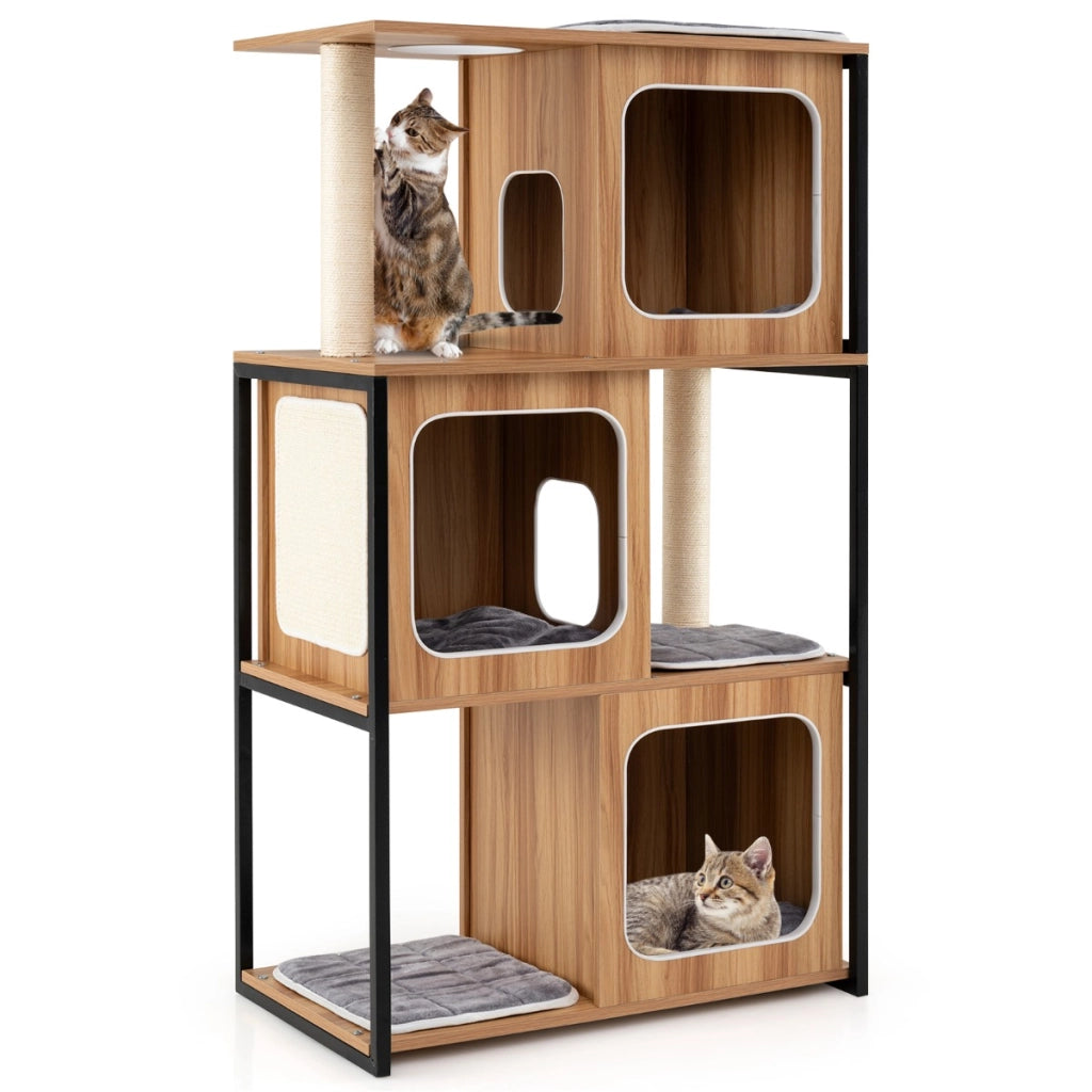 Albero per gatti moderno con tiragraffi da interno, Torre per gatti multi-livello con struttura in metallo Naturale-Alberi Tiragraffi