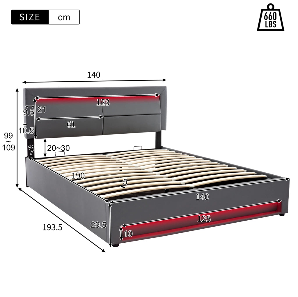 Letto imbottito 140x190 cm con LED, USB e ricarica wireless grigio