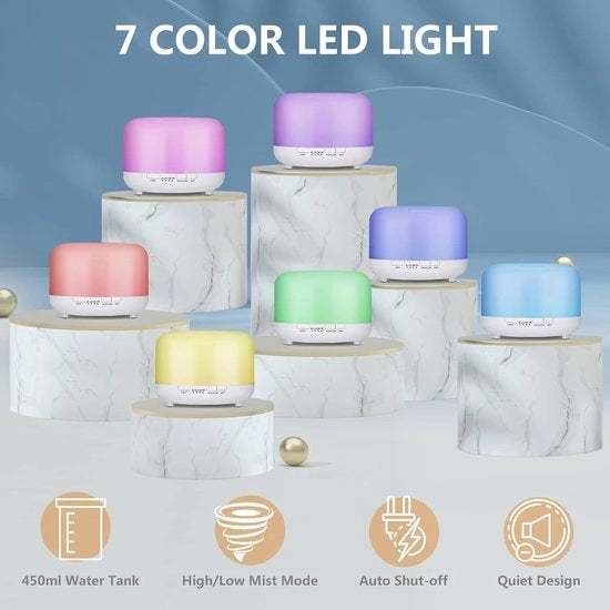 450 ml, umidificatore, con timer, terapia aromatica ultrasonica, led a 7 colori, bianco cristallo.