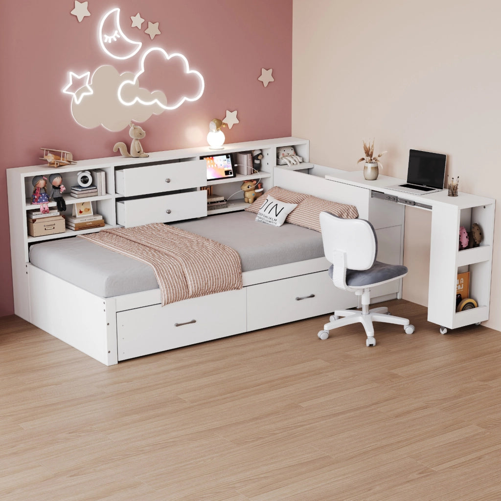 Letto singolo 90x200 cm con scrivania estraibile; cassetti e USB; bianco