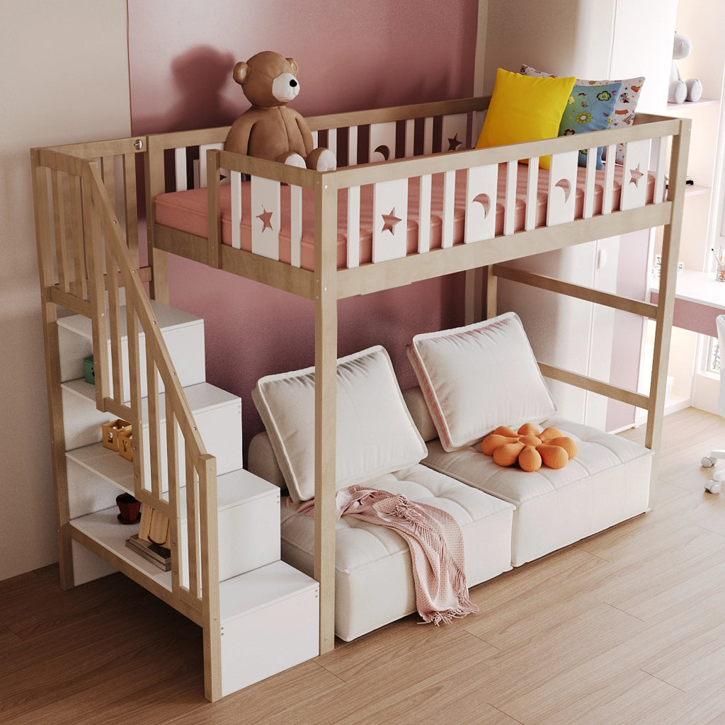 OKWISH Letto a soppalco 90×200 cm, Letto Singolo con Scala con Ripiani, Sponde e Decorazioni Stelle e Luna, senza Materasso, Naturale