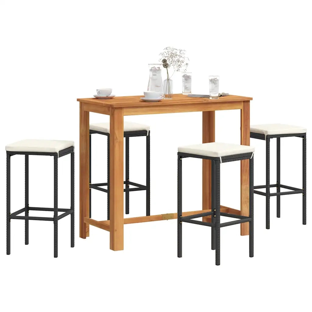 Set Bar da Giardino 5 pz | Set Salotto da Giardino Nero in Legno Acacia e Polyrattan