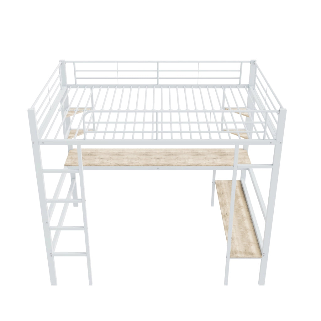 Letto a castello bianco in metallo con scrivania e scaffali 90x200 cm