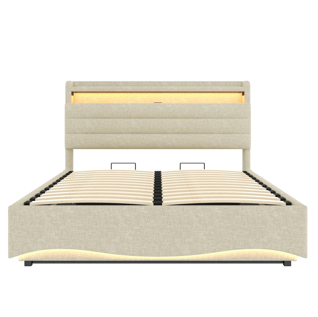 Letto imbottito 140x200 cm con contenitore idraulico; LED; USB e Type-C; in lino beige