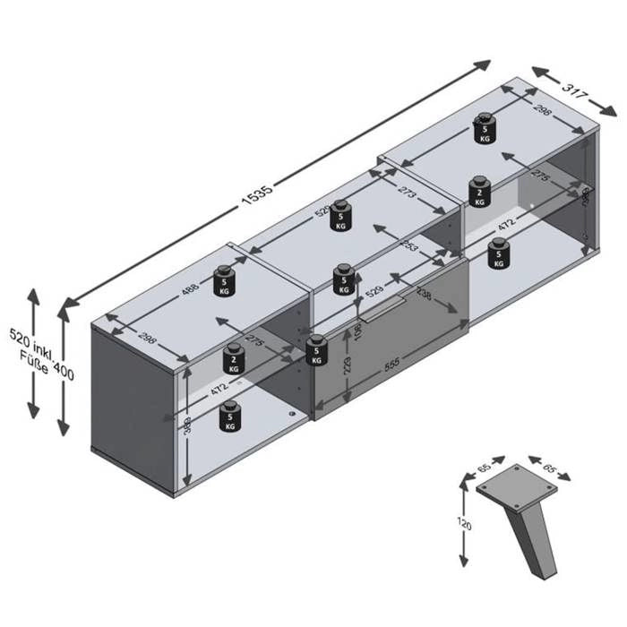 Mobile basso per TV/Hifi - Decorazione nera - L153,5 x A52 x P31,5 cm - Made in Germany