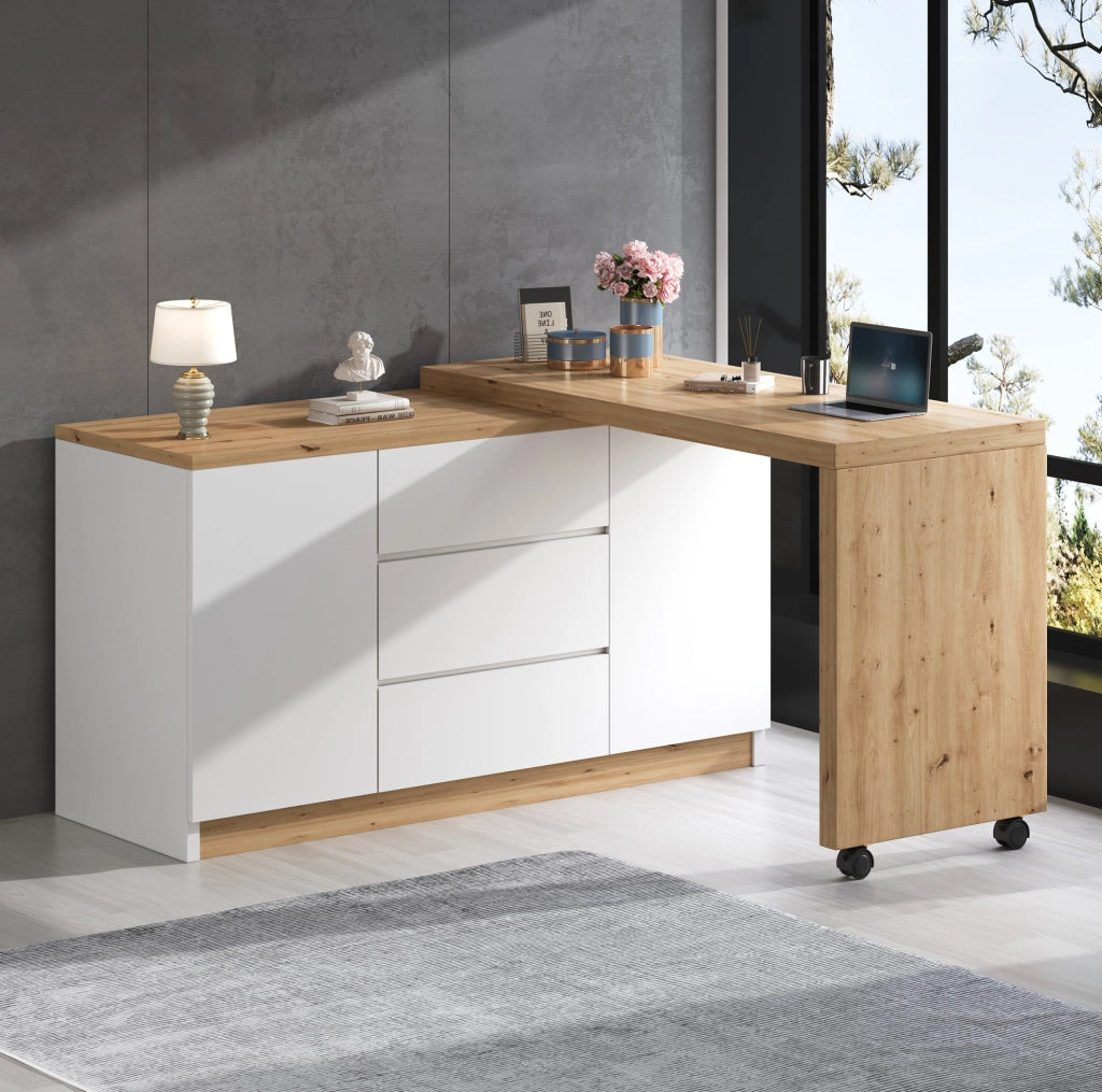 Scrivania 120x50x76.5 cm girevole e pieghevole con contenitore in pannello truciolare bianco e rovere