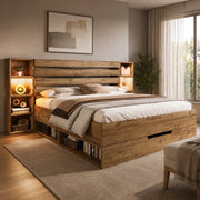 LETTO contenitore 180x200 cm con LED, USB e cassetti Rovere