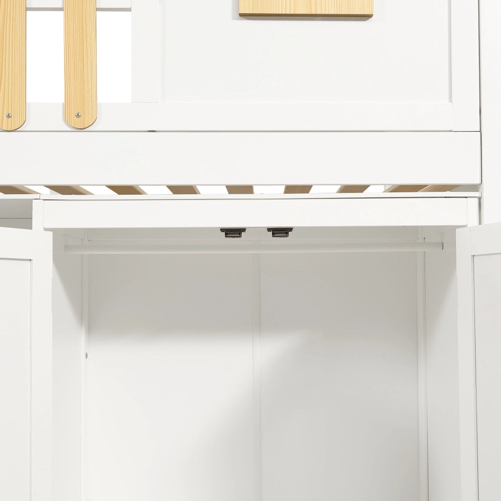 Letto a Soppalco 90x200 cm; Armadio; Scaffale Aperto e Finestra - Bianco e Naturale