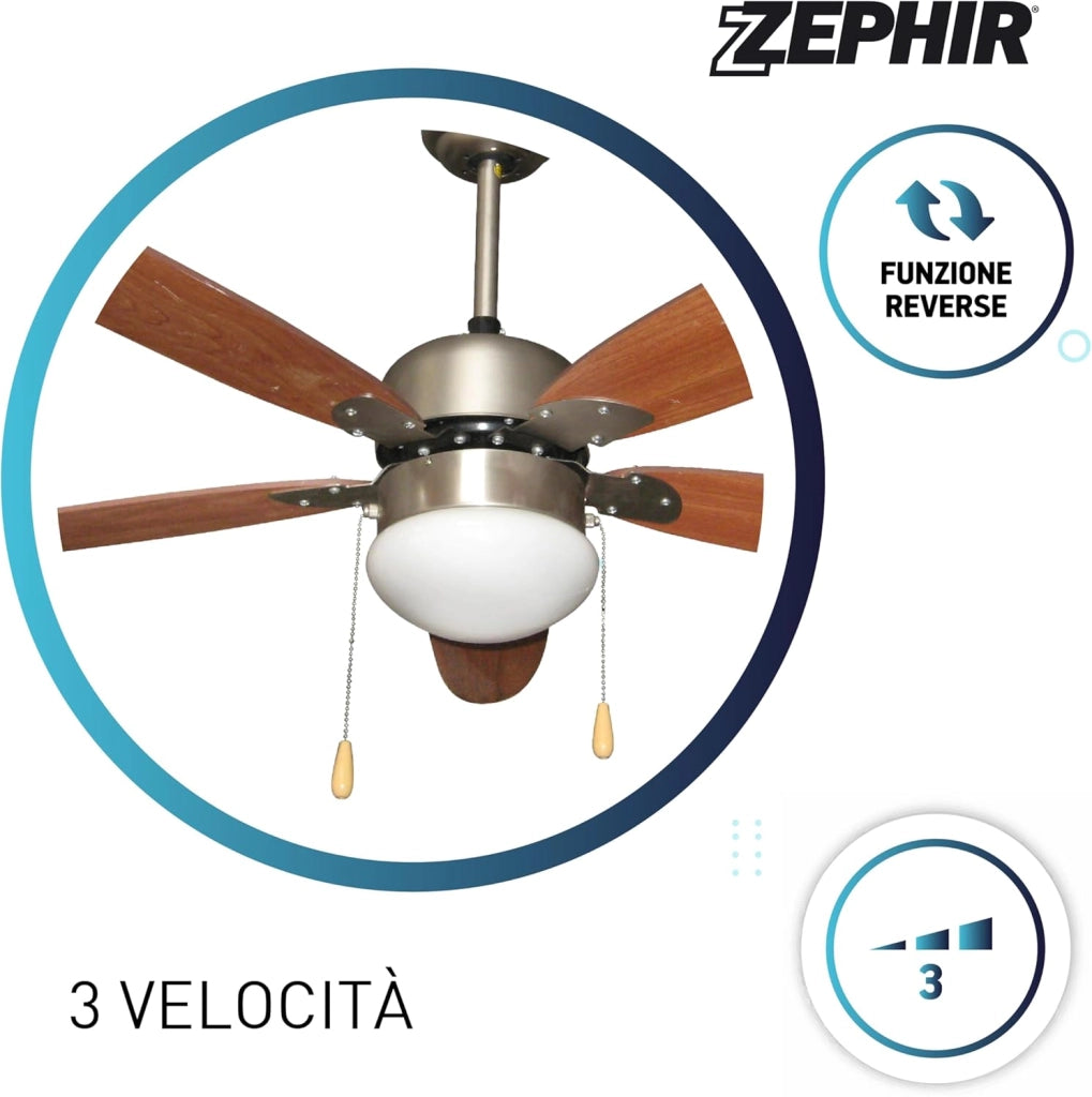 ZEPHIR ZFS9110M Ventilatore da Soffitto 130 cm con Luce E27, 5 Pale in Legno Marrone, Reversibile Estate/Inverno, 3 Velocità, Paralume in Vetro, Comando a Cordicella, 70W, Struttura in Metallo