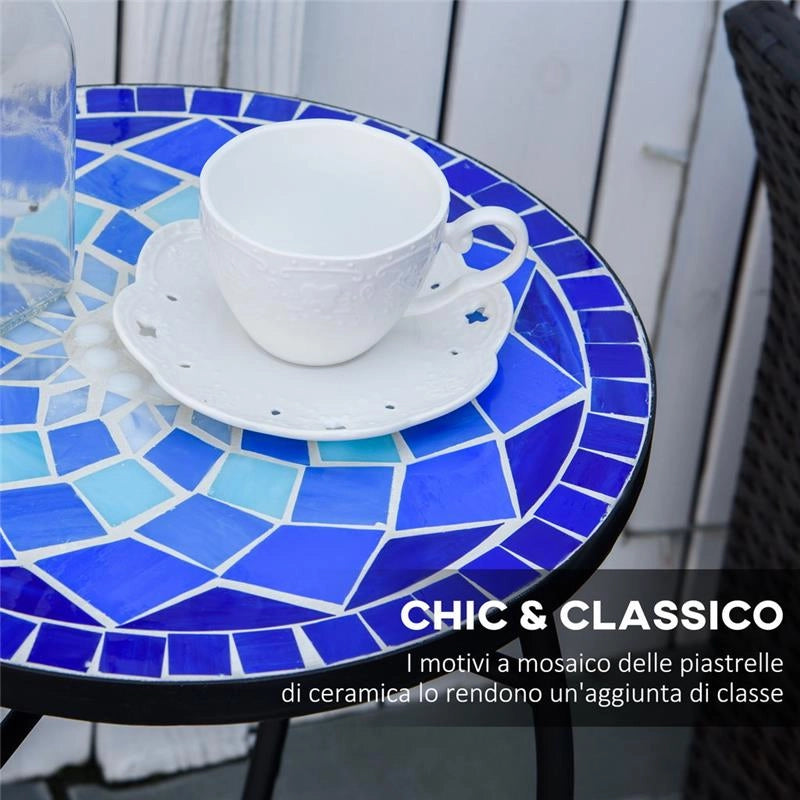 TAVOLINO DECORATIVO DA GIARDINO ROTONDO CON MOSAICO 35.5X53.5CM BIANCO E BLU