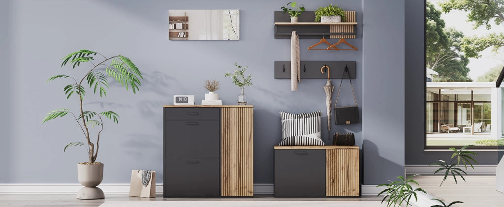 Set da ingresso 5 pezzi con specchio; 2 armadietti; 4 ganci e mensola; truciolato; nero e legno