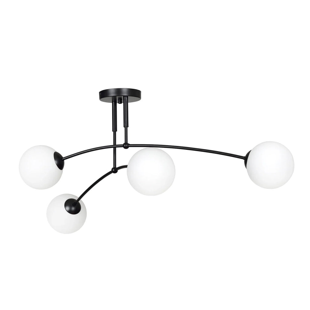 Plafoniera Moderna 4 Luci Susanoo In Acciaio Nero E Vetri A Sfera In Bianco