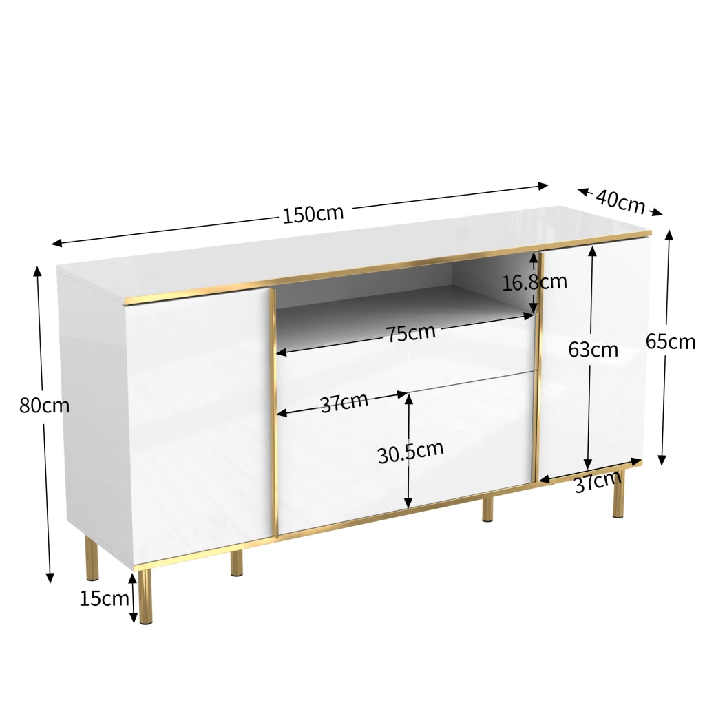OKWISH Credenza con 4 Ante e 1 Cassetto, LED, Finitura Lucida e Gambe Dorate, per Soggiorno, MDF, Bianco, 150 x 40 x 80 cm