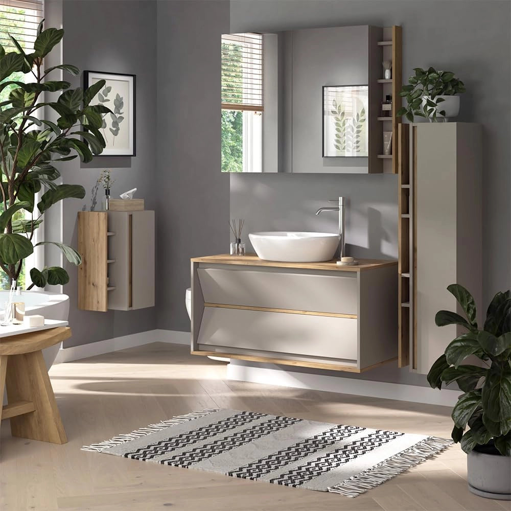 Specchio contenitore bagno Edelin, Cachemire, 100 x 75 cm con ripiani, per montaggio a parete con superficie a specchio integrata