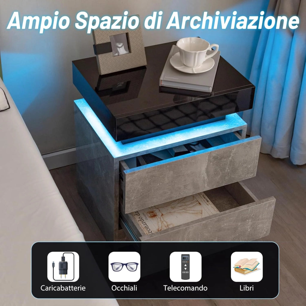 Tavolino da Salotto con 2 Cassetti e Luci a LED, Tavolino Moderno con Finitura Lucida Effetto Marmo, Comodino per Camera da Letto e Soggiorno, 45 x 35 x 52 cm (Grigio)