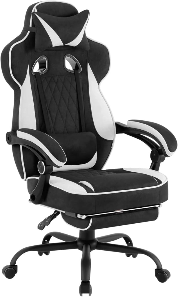 Sedia Gaming Ergonomica | Tessuto Traspirante Fresco D'estate | Schienale Regolabile Poggiapiedi | per Gaming Ufficio Relax | Sedile ampio e comodo per Persone di Taglia Grande | Nero+Bianco