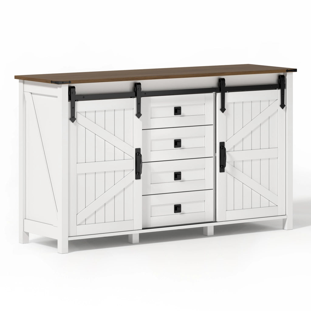 Credenza sideboard con 2 ante scorrevoli e 4 cassetti, 137 cm, bianco, in MDF