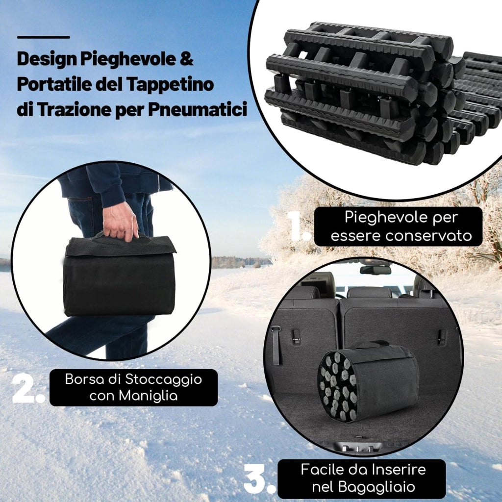 Set di 2 Tappetini Antisdrucciolevoli per Pneumatici, Tappetino di Recupero TPR Portatile, Aiuto di Trazione d'emergenza per Neve, Ghiaccio, Fango, Sabbia, Con Borsa (82 x 21 x 2,8 cm)