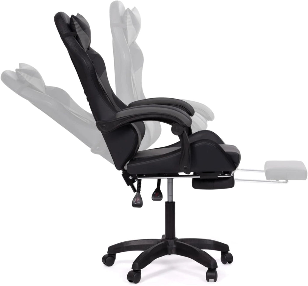 Sedia da gioco LUC LED con poggiapiedi, cuscino per la testa e supporto lombare in nero e grigio