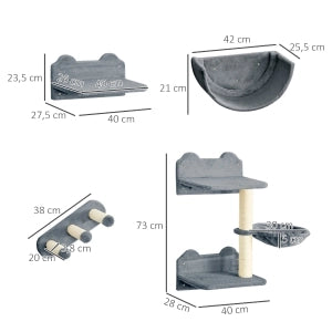 Parete arrampicata per gatti a 4 pezzi con tiragraffi, piattaforma, scala e cuccia semicircolare, grigio