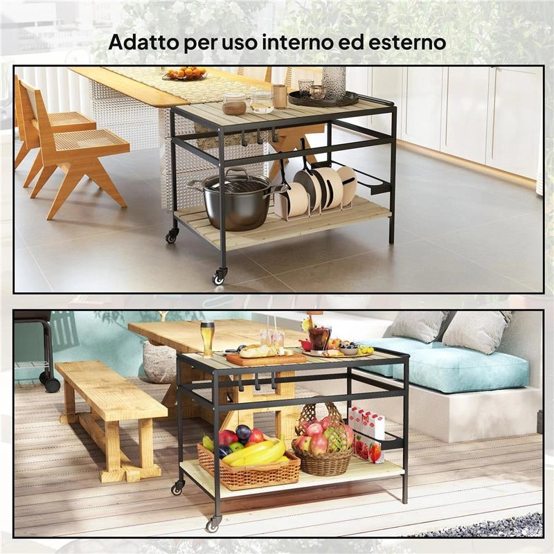 CARRELLO PORTAVIVANDE DA GIARDINO IN LEGNO A DOGHE E ACCIAIO, RIPIANO E MANIGLIA, 107X65X80 CM