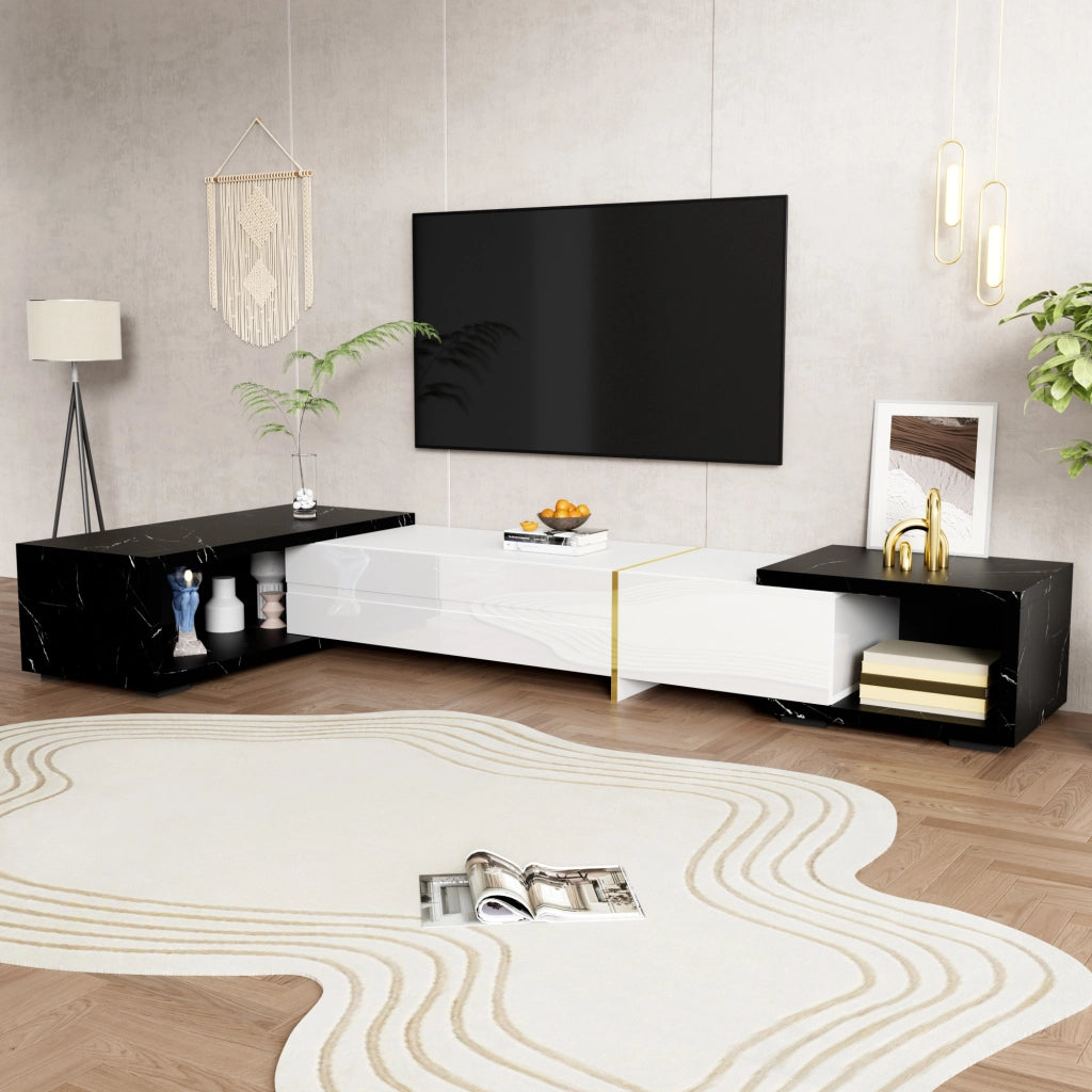 Mobile TV Allungabile Girevole 140–260 cm con Contenimento; Effetto Marmo Nero; Frontale Bianco Lucido; Dettagli Oro; MDF; 140×40×30 cm