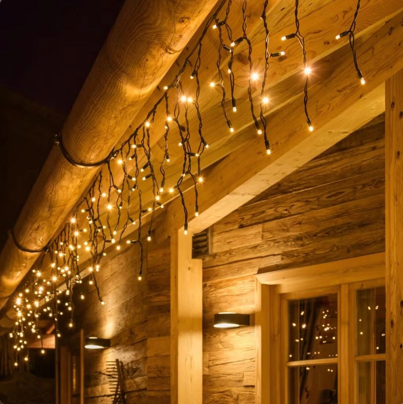 TENDA LUMINOSA LED STALATTITI IP67 92 MAXI LED PROLUNGABILI LUCI CALDE FISSE E CALDE INTERMITTENTI DECORAZIONI NATALIZIE BALCONI FACCIATE