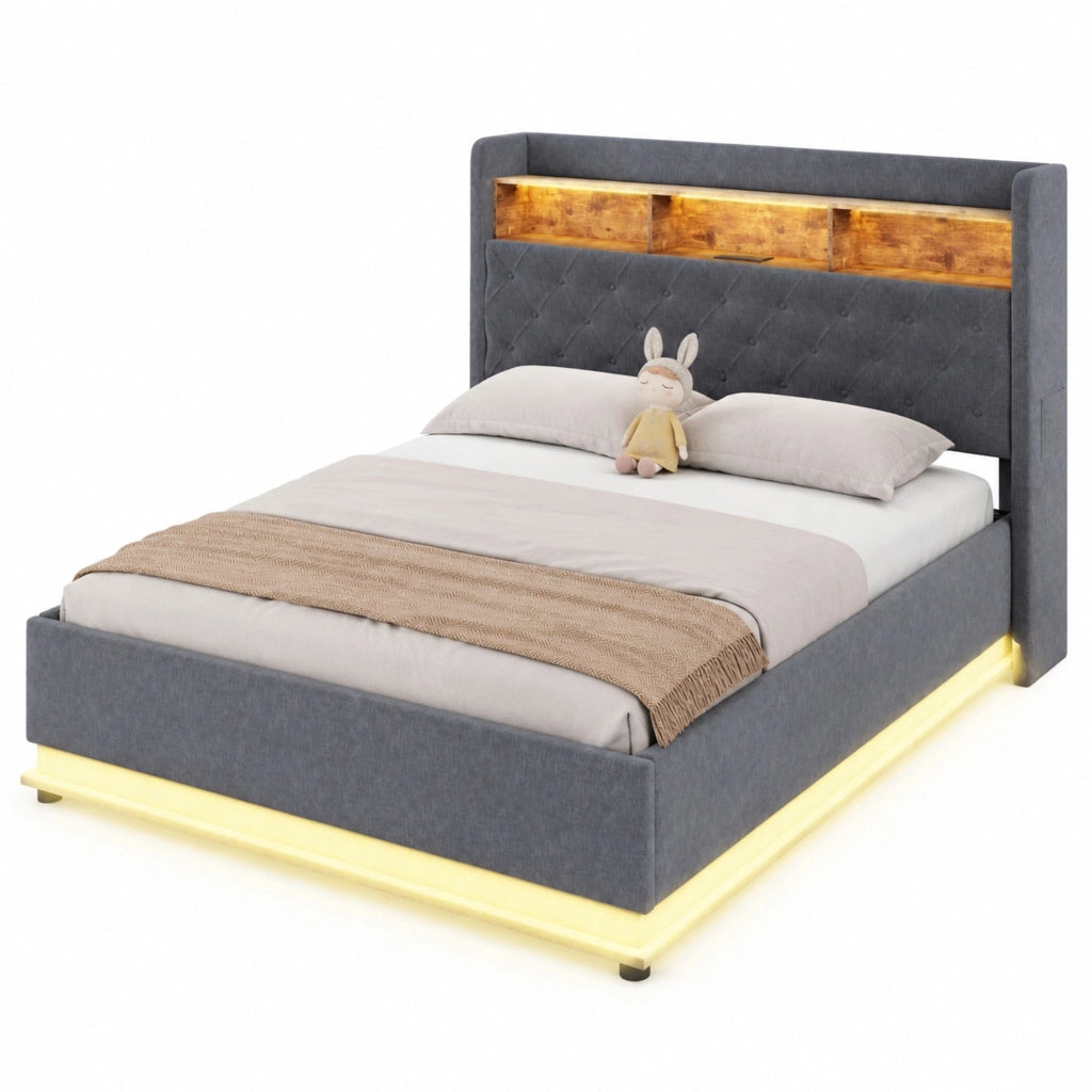 Letto imbottito con LED e porta USB 160x200 cm; contenitore idraulico; tessuto effetto lino grigio