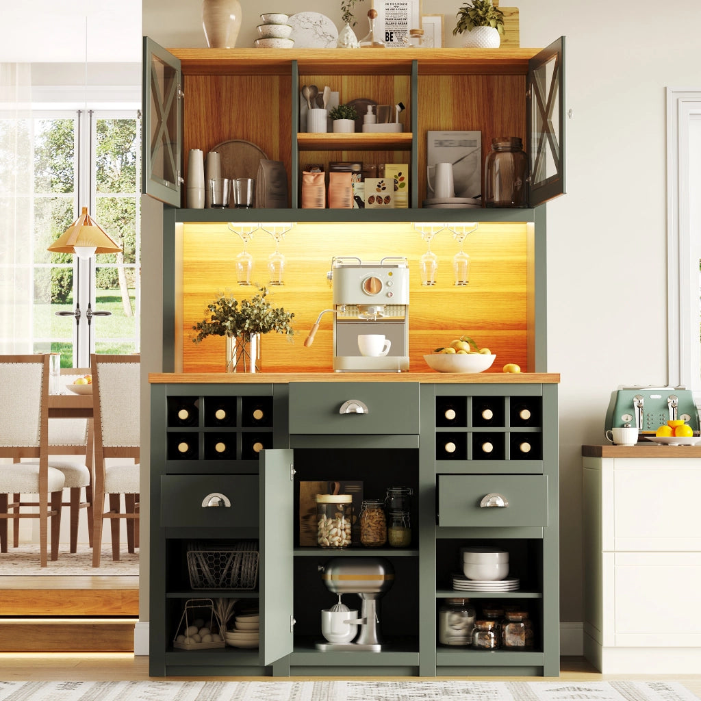 Mobile Cucina Alto con Ante in Vetro e LED, Portabottiglie ¨C MINIMAL ¨C Verde 120x45x188 cm