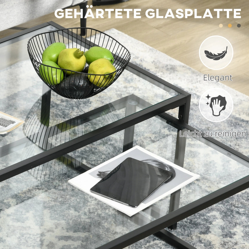 Tavolo da pranzo - set 2 tavolini - piano in vetro - acciaio nero - per soggiorno e camera da letto