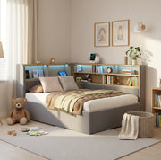 Letto daybed 90x200 cm con contenitore idraulico; LED e porte USB in velluto grigio