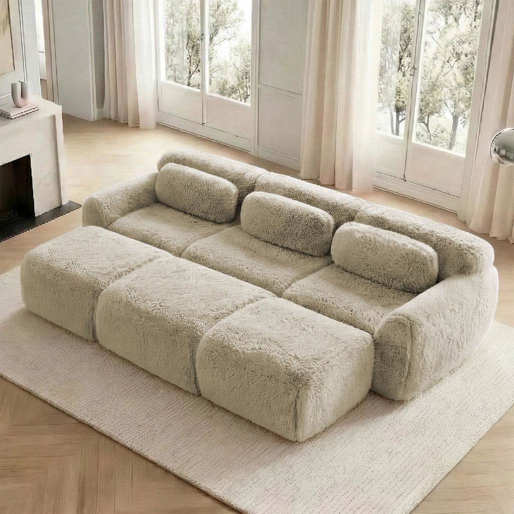 OKWISH Divano Modulare 3 Posti, Design Senza Struttura con Pouf Collegabile e Base Antiscivolo, Peluche, Cachi Chiaro