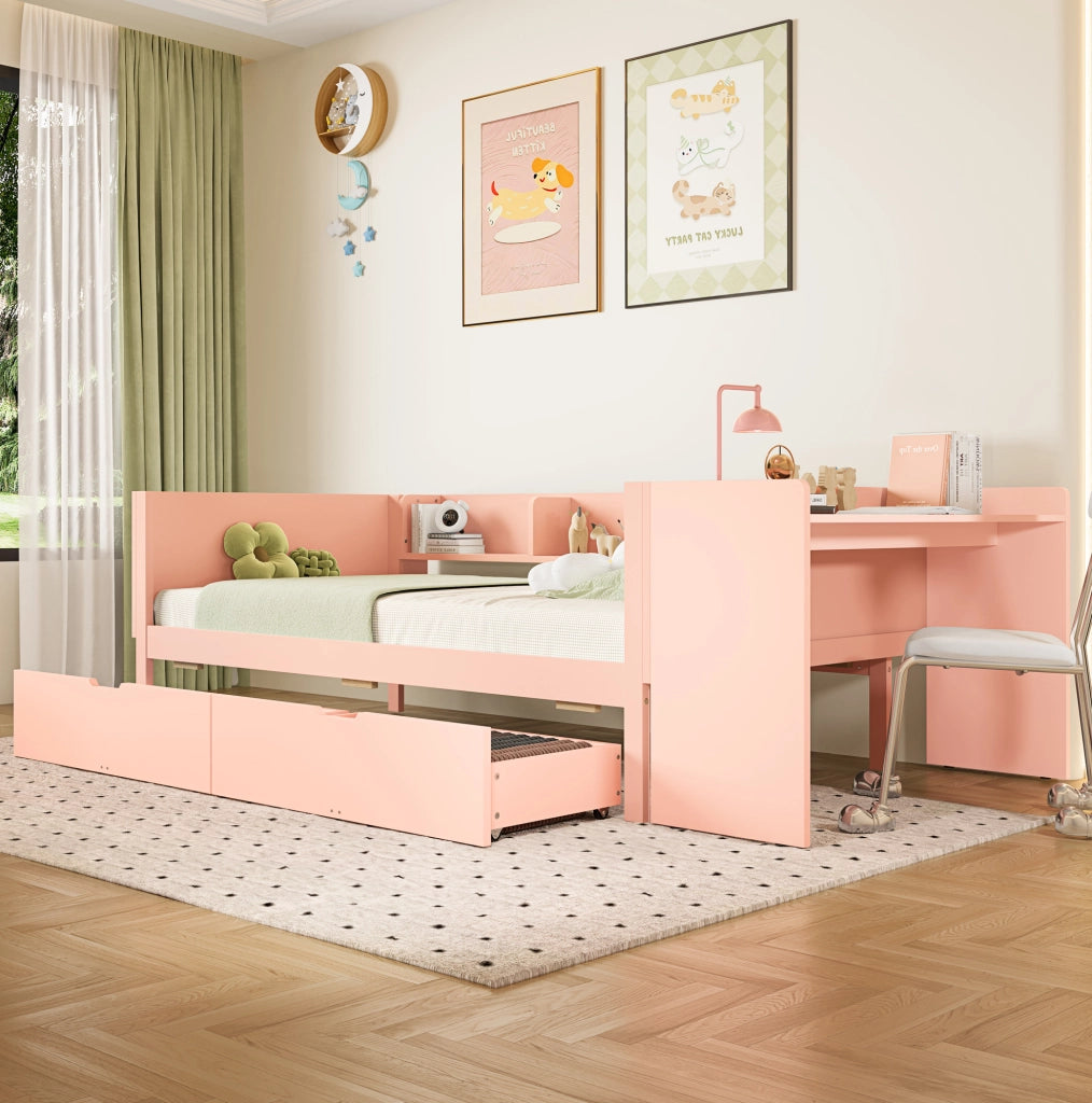 Letto singolo 90x200 cm con scrivania, 2 cassetti e 3 mensole rosa