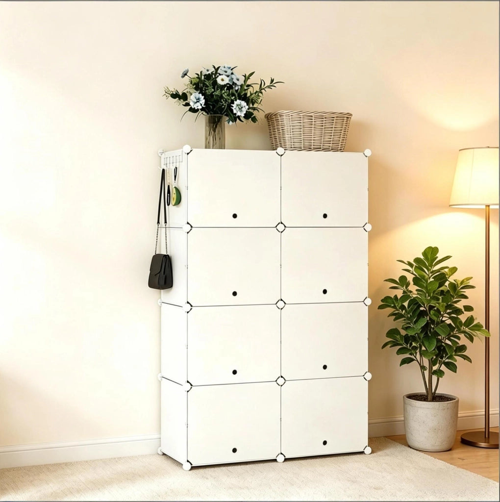 Scarpiera modulare ULEVR 94x36,5x144 cm con 8 scomparti a 2 livelli e ganci laterali, bianca